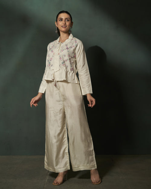 Ivory Blossom Embroidered Jacket With Wide-Leg Satin Trousers