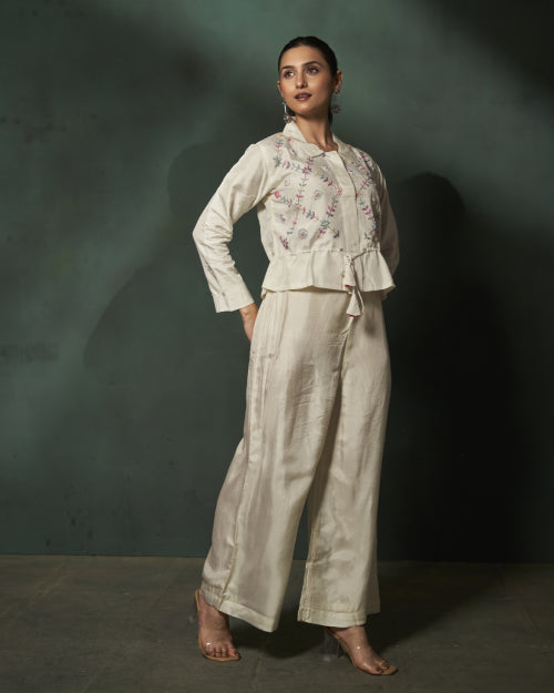 Ivory Blossom Embroidered Jacket With Wide-Leg Satin Trousers