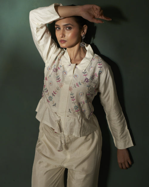 Ivory Blossom Embroidered Jacket With Wide-Leg Satin Trousers