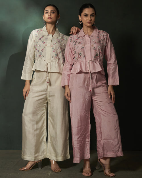 Ivory Blossom Embroidered Jacket With Wide-Leg Satin Trousers