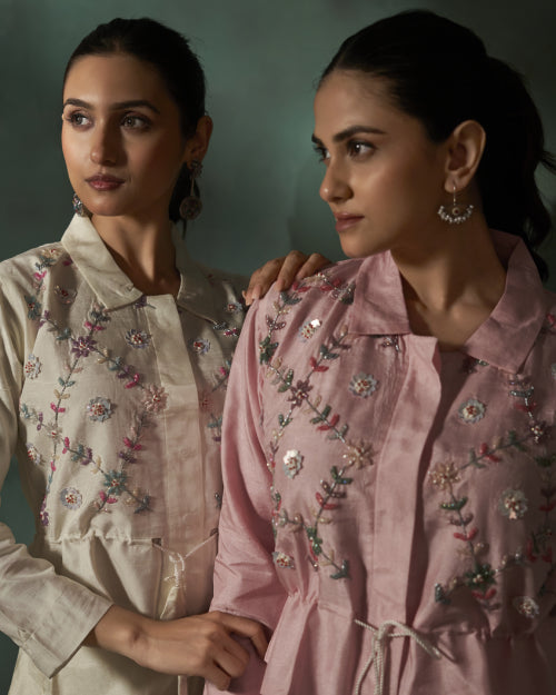 Ivory Blossom Embroidered Jacket With Wide-Leg Satin Trousers