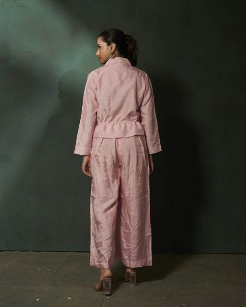 Ivory Blossom Embroidered Jacket With Wide-Leg Satin Trousers