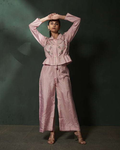 Ivory Blossom Embroidered Jacket With Wide-Leg Satin Trousers