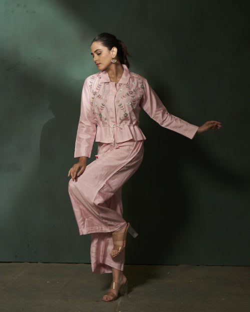 Ivory Blossom Embroidered Jacket With Wide-Leg Satin Trousers