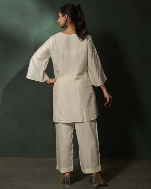 Ivory Blossom Embroidered Russian Silk Co-Ord Set With Straight-Fit Trousers