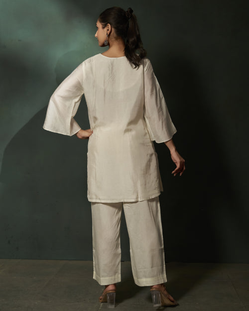 Ivory Petal Embroidered Russian Silk Co-Ord Set