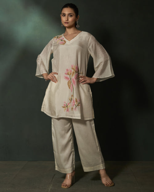 Ivory Petal Embroidered Russian Silk Co-Ord Set