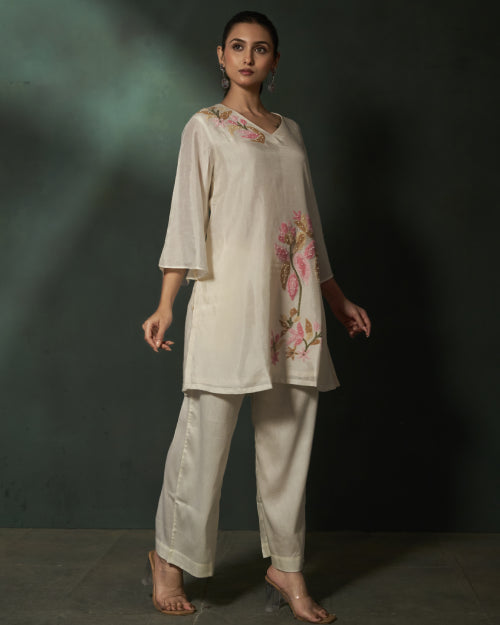 Ivory Petal Embroidered Russian Silk Co-Ord Set