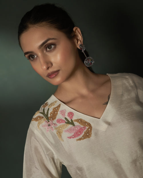 Ivory Petal Embroidered Russian Silk Co-Ord Set