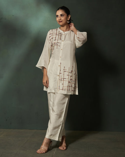 Ivory Mosaic Hand-Embellished Co-Ord Set With  Straight-Fit Satin Pants