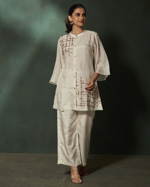 Ivory Mosaic Hand-Embellished Co-Ord Set With  Straight-Fit Satin Pants