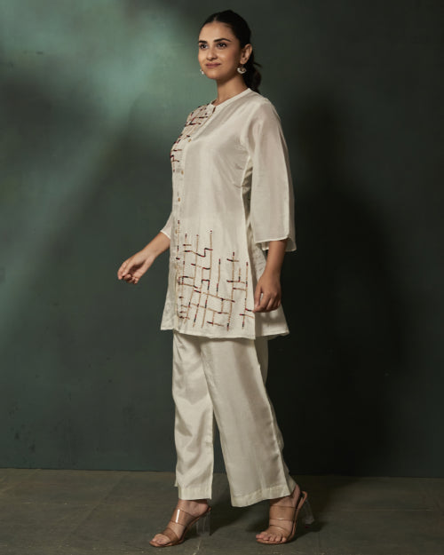 Ivory Mosaic Hand-Embellished Co-Ord Set With  Straight-Fit Satin Pants