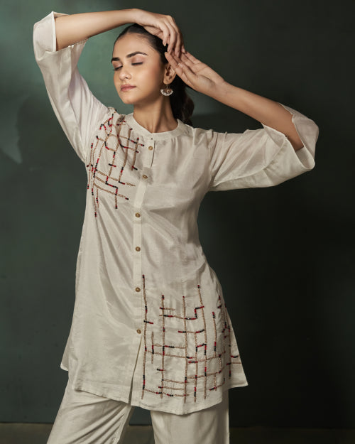 Ivory Mosaic Hand-Embellished Co-Ord Set With  Straight-Fit Satin Pants