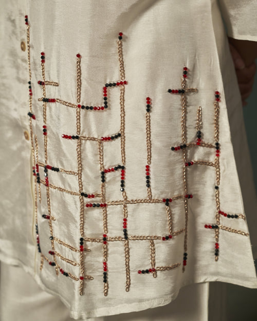 Ivory Mosaic Hand-Embellished Co-Ord Set With  Straight-Fit Satin Pants
