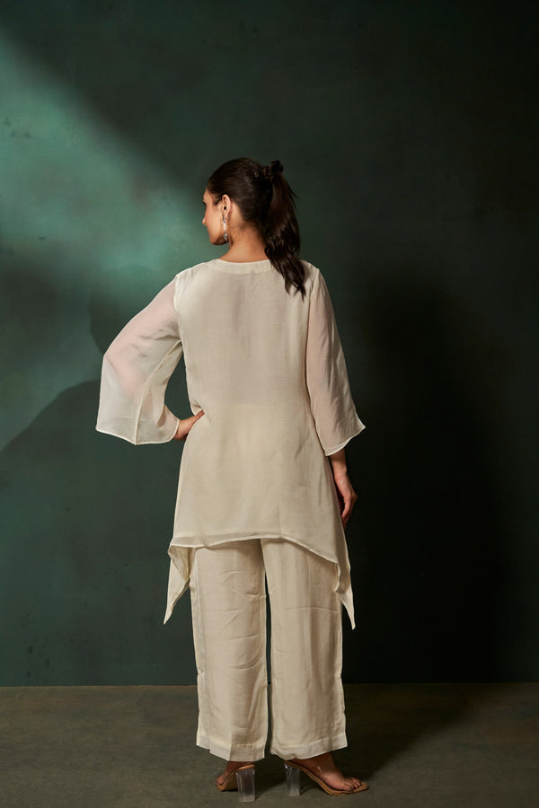 Assymetrical Off-White Kurta Co-ord Set with Straight Pants