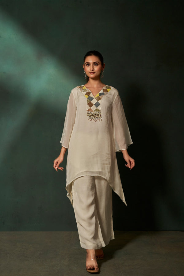 Assymetrical Off-White Kurta Co-ord Set with Straight Pants