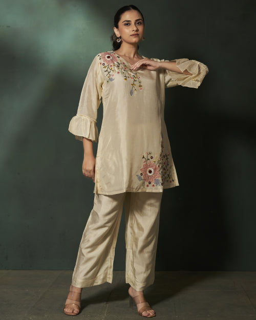 Ivory Blossom Embroidered Russian Silk Co-Ord Set With Straight-Fit Trousers