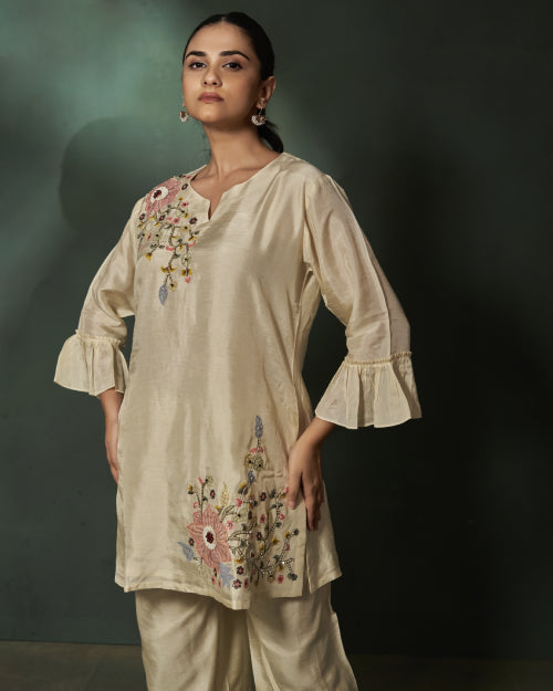 Ivory Blossom Embroidered Russian Silk Co-Ord Set With Straight-Fit Trousers