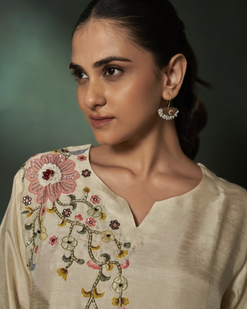 Ivory Blossom Embroidered Russian Silk Co-Ord Set With Straight-Fit Trousers