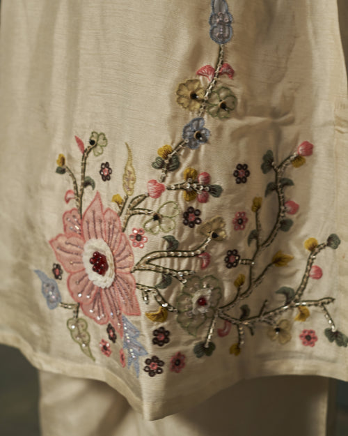 Ivory Blossom Embroidered Russian Silk Co-Ord Set With Straight-Fit Trousers