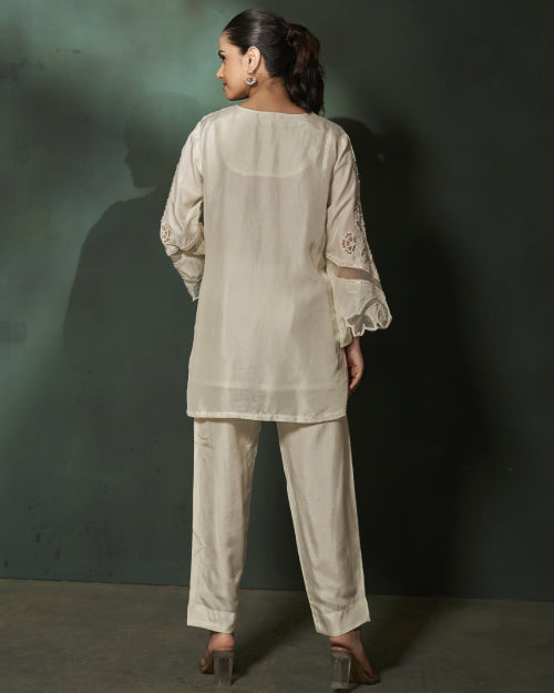 Ivory Grace Embroidered Luxe Co-Ord Set with Straight-Fit Satin Pants