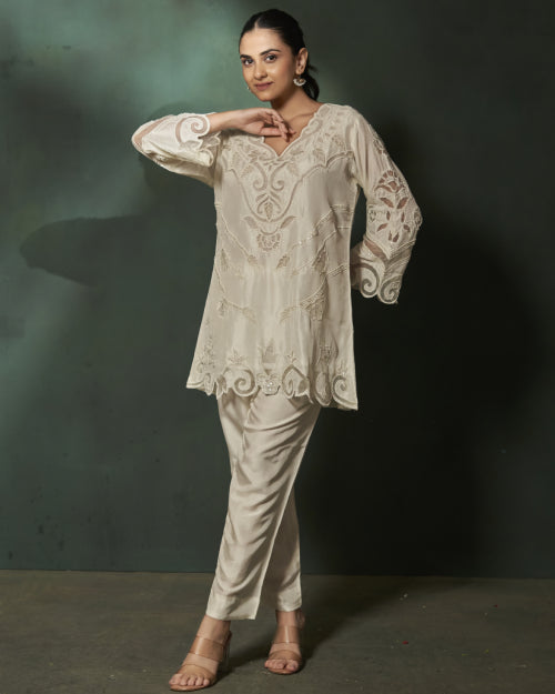 Ivory Grace Embroidered Luxe Co-Ord Set with Straight-Fit Satin Pants