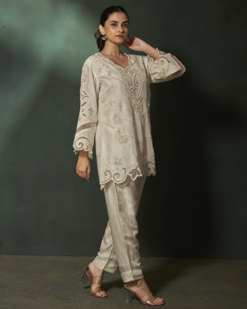 Ivory Grace Embroidered Luxe Co-Ord Set with Straight-Fit Satin Pants